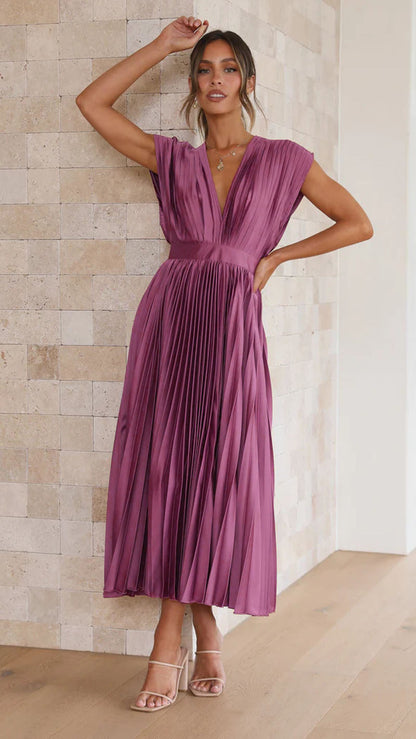 Pleated Midi Dress - Sophisticated V-Neck Gown For Ladies