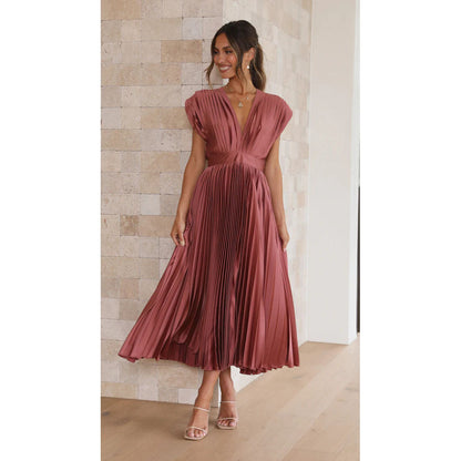 Pleated Midi Dress - Sophisticated V-Neck Gown For Ladies