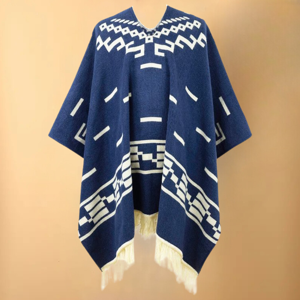 Poncho - Classic Winter Ladies Poncho With Geometric Design