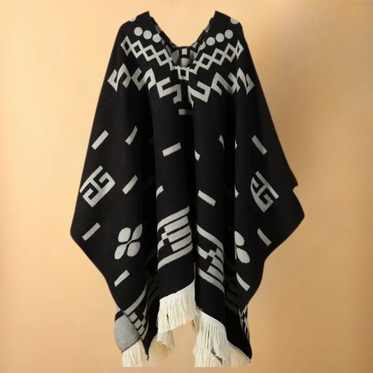 Poncho - Classic Winter Ladies Poncho With Geometric Design