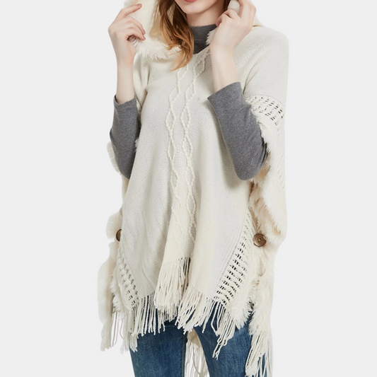 Poncho Sweater - Chic Beige Ladies Knitted Wrap With Hood