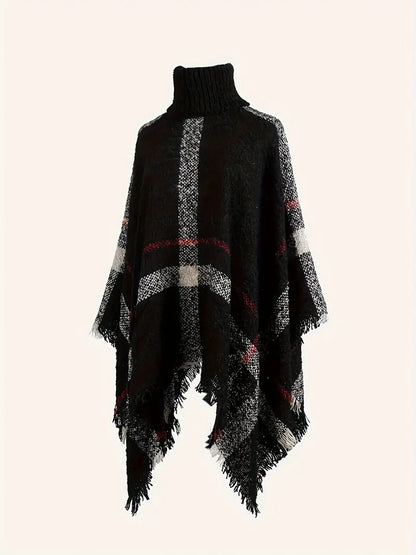 Poncho Sweater - Stylish Ladies Knitted Poncho With Turtleneck