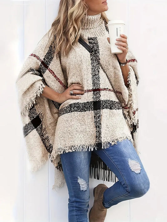 Poncho Sweater - Stylish Ladies Knitted Poncho With Turtleneck