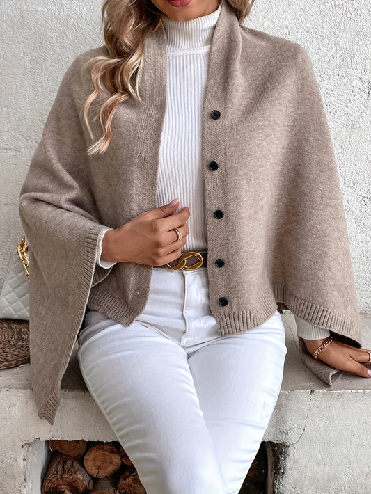 Poncho With Button Closure - Elegant Ladies Knit Wrap
