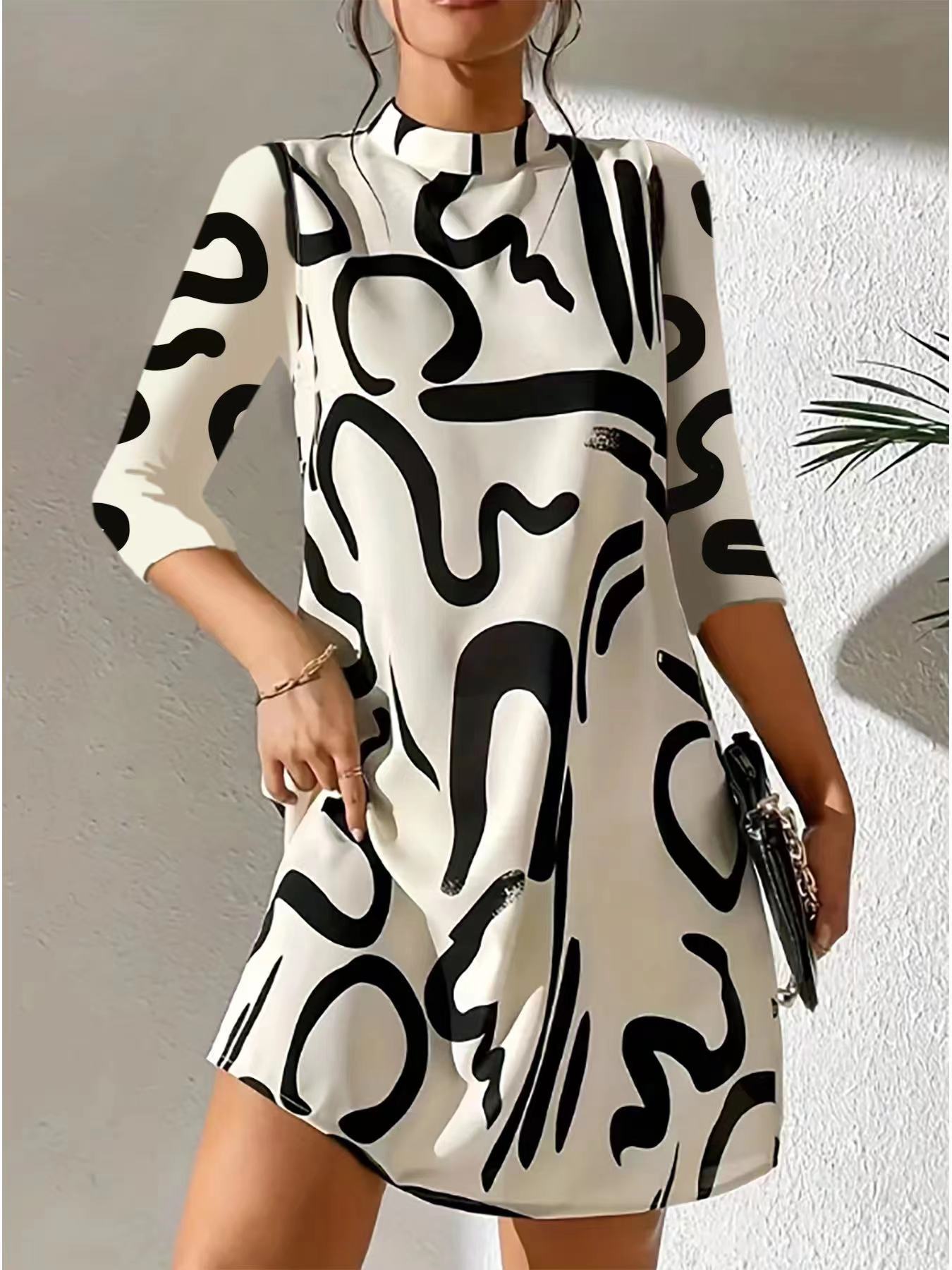 Printed Ladies Mini Dress - Modern Black And White Pattern