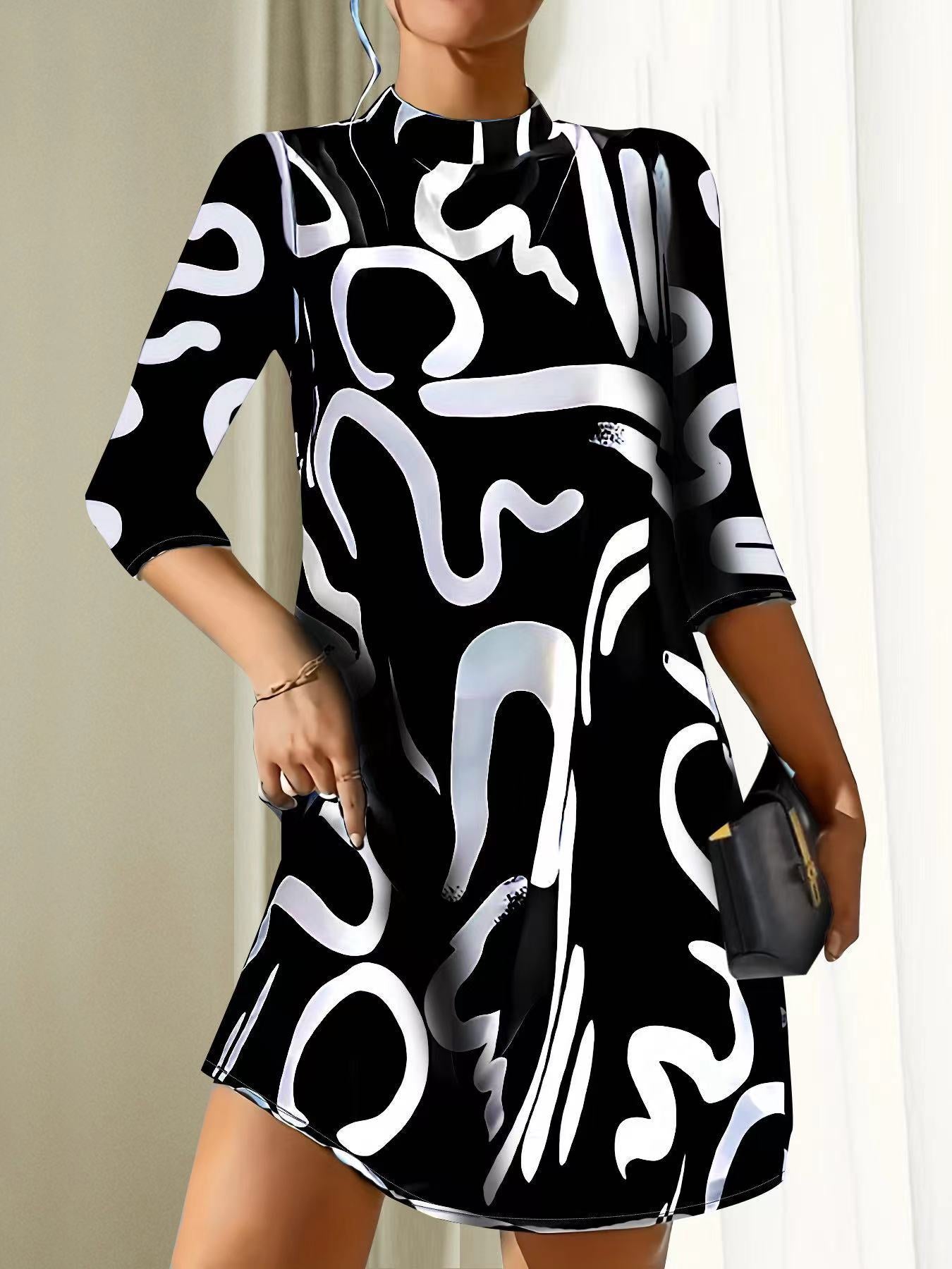 Printed Ladies Mini Dress - Modern Black And White Pattern