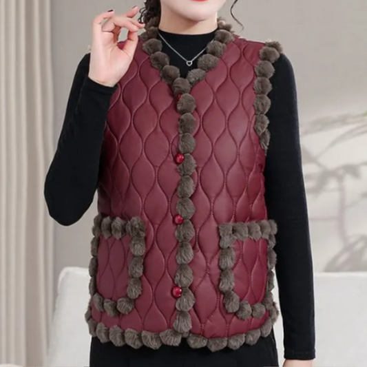 Quilted Vest - Stylish Padded Ladies Gilet With Pom-Pom Trim