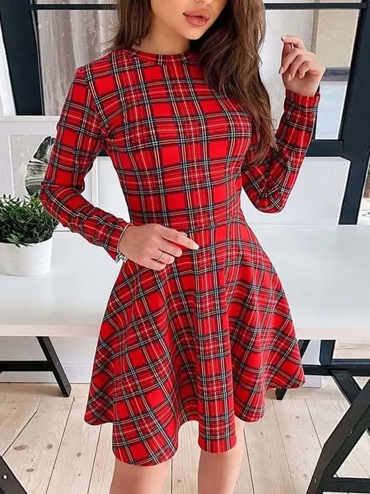 Red Tartan Dress - Long Sleeve Ladies Skater Dress