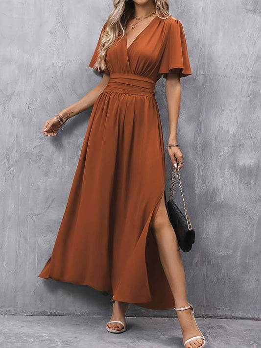 Rust Maxi Dress - Elegant Ladies Dress With Flutter Sleeves