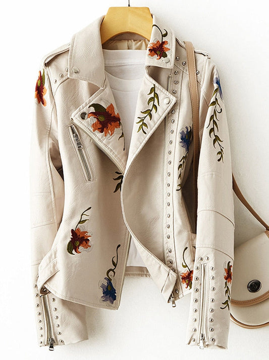 Women's leather jacket floral design beige casual attire - embroidered biker jacket
