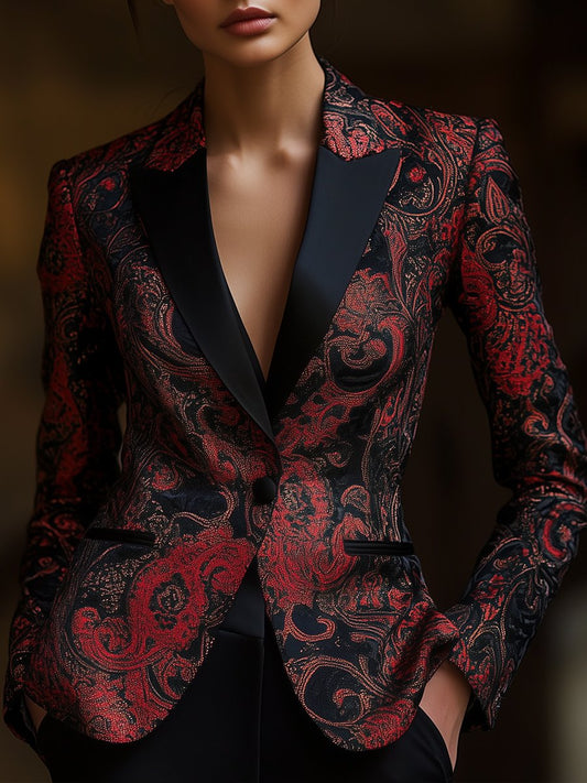 Satin Printed Blazer - Urban Elegance Paisley Pattern Black Ladies Blazer