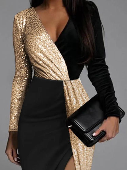 Sequin wrap dress - elegant black and gold ladies evening dress