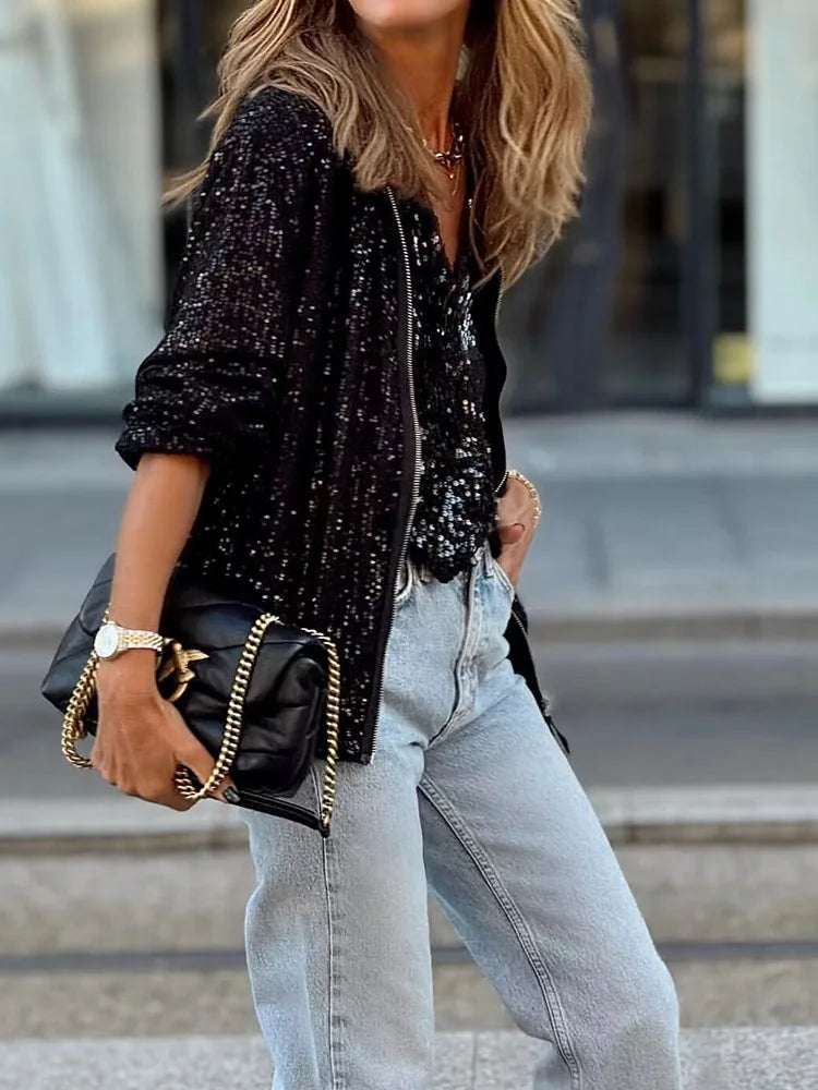 Sequined bomber jacket - stylish ladies zip-up jacket
