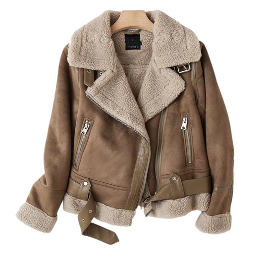 Shearling biker jacket - stylish ladies suede outerwear