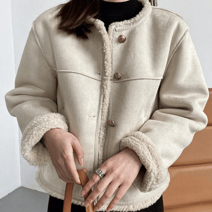 Sherpa edge jacket - ladies brown faux fur lined jacket