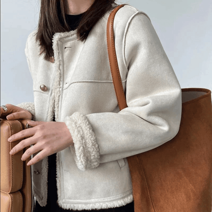 Sherpa edge jacket - ladies brown faux fur lined jacket