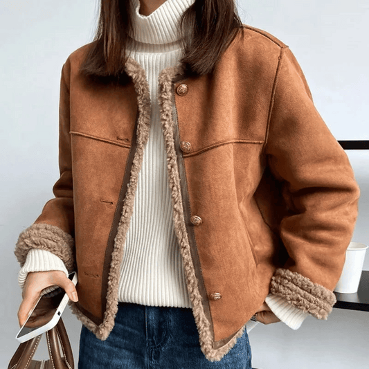 Sherpa edge jacket - ladies brown faux fur lined jacket