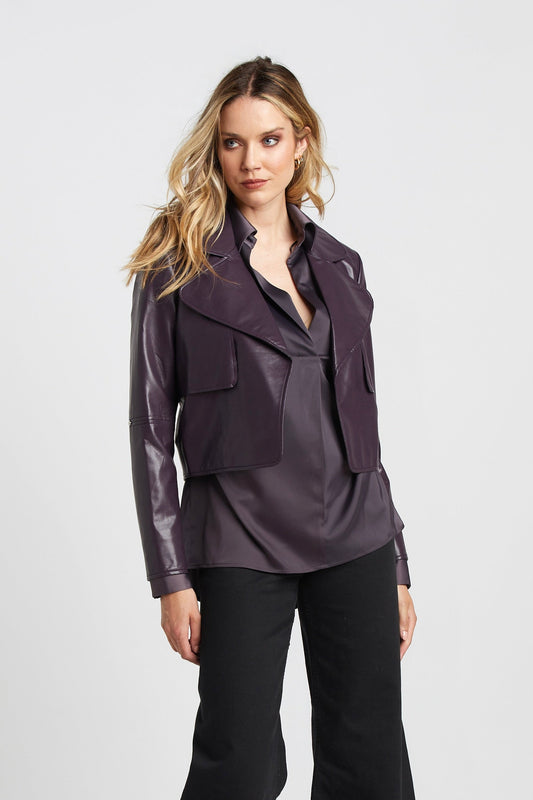 Short Vegan Leather Open Front Jacket - Mulberry Ladies Jacket