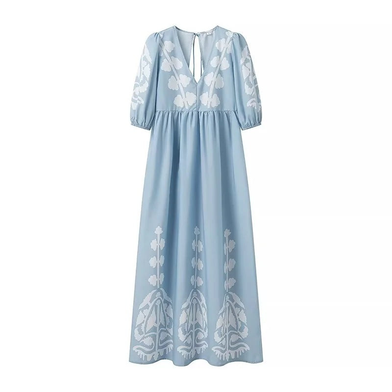 Sky Blue Maxi Dress - Exquisite Floral Embroidered Summer Dress For Ladies