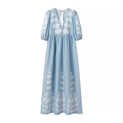 Sky Blue Maxi Dress - Exquisite Floral Embroidered Summer Dress For Ladies