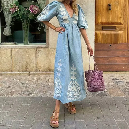 Sky Blue Maxi Dress - Exquisite Floral Embroidered Summer Dress For Ladies