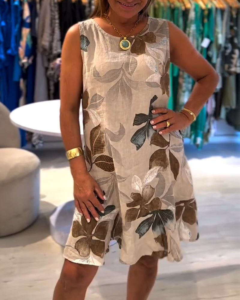 Sleeveless Round Neck Dress With Charming Leaf Print - Khaki Women'S Dress