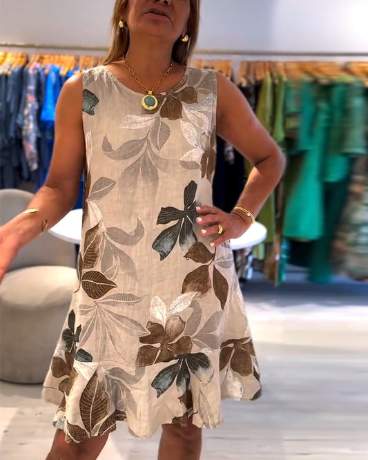 Sleeveless Round Neck Dress With Charming Leaf Print - Khaki Women'S Dress