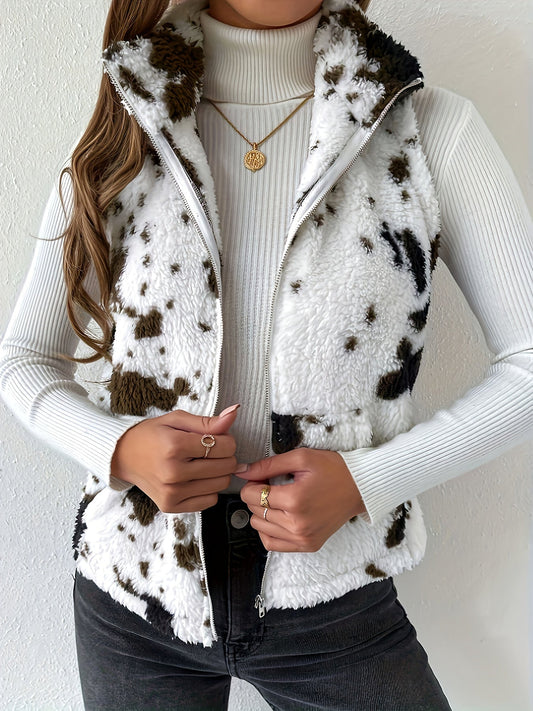 Soft Fleece Vest For Ladies - Stylish Cow Print Layering Piece