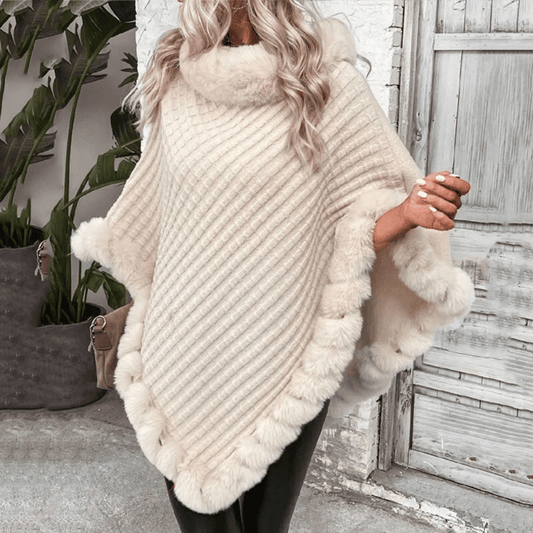 Soft weave poncho sweater - stylish ladies knitted poncho with faux fur trim