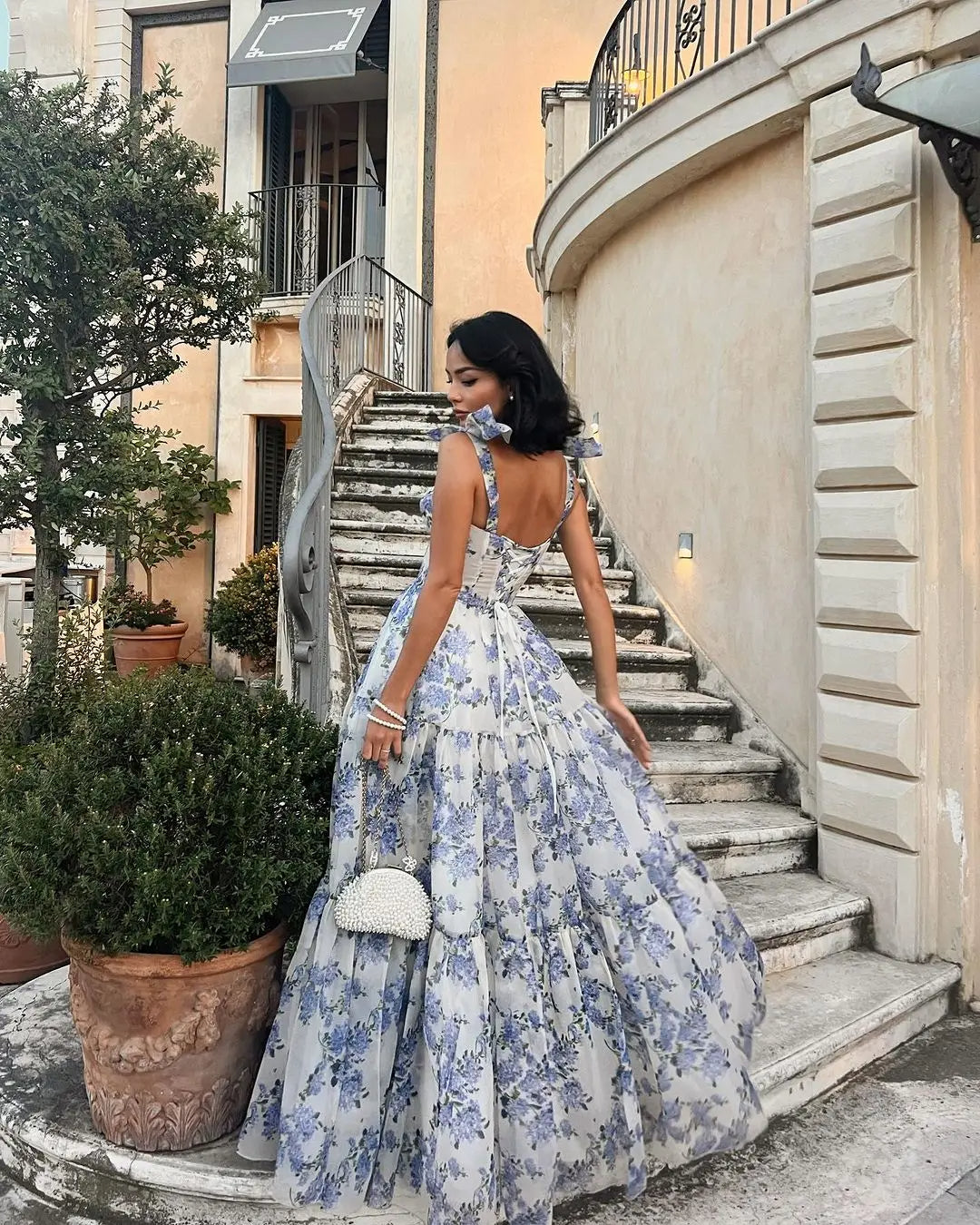 Sophia Blossom - Elegant Floral Tie-Strap Maxi Dress In Blue