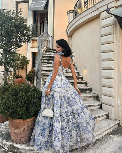 Sophia Blossom - Elegant Floral Tie-Strap Maxi Dress In Blue