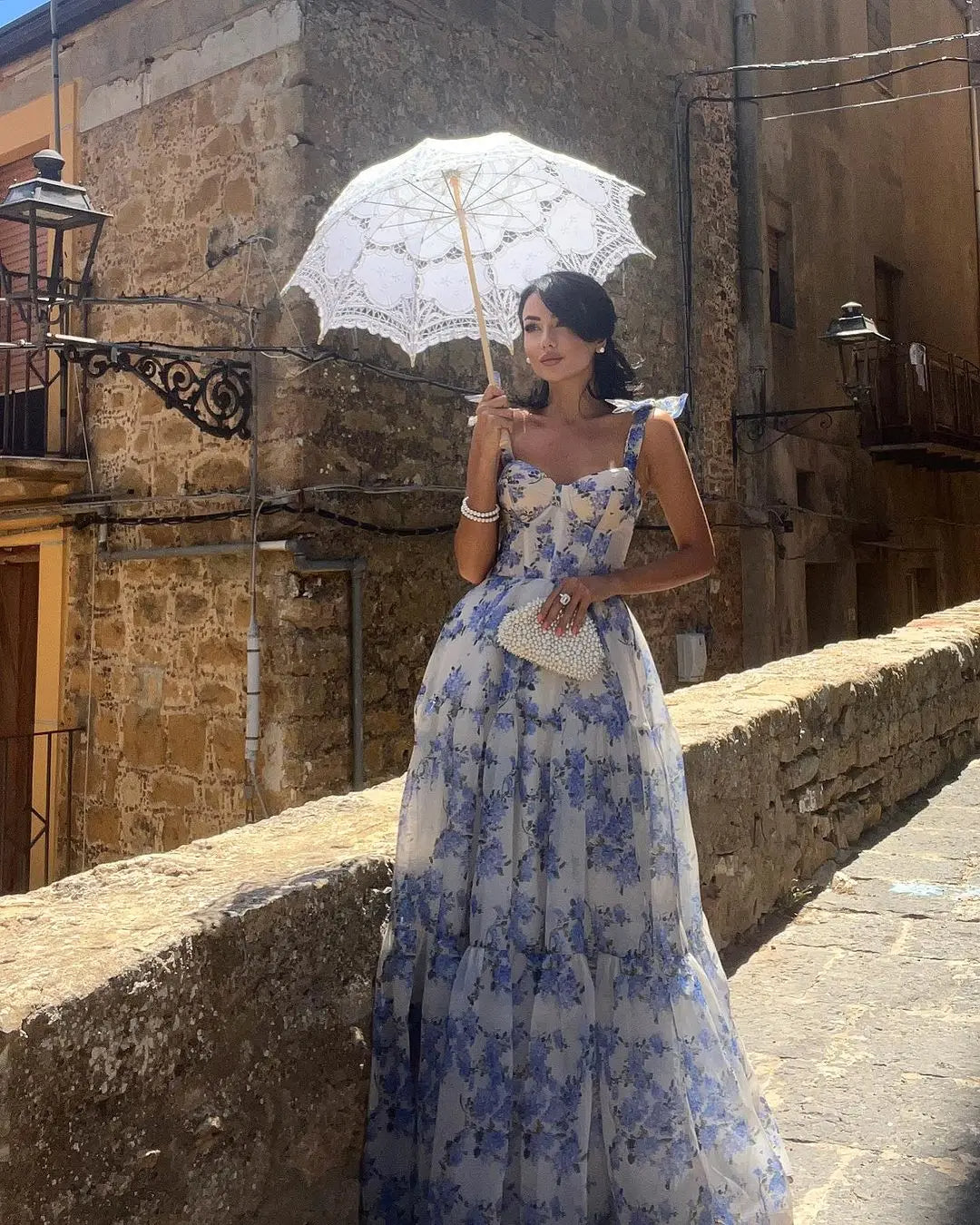 Sophia Blossom - Elegant Floral Tie-Strap Maxi Dress In Blue