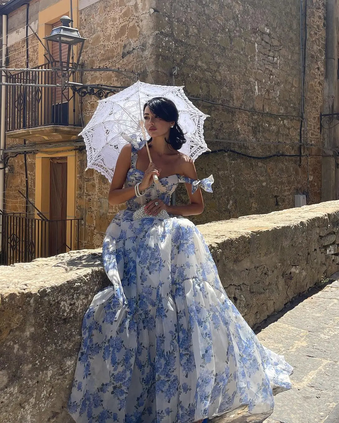 Sophia Blossom - Elegant Floral Tie-Strap Maxi Dress In Blue