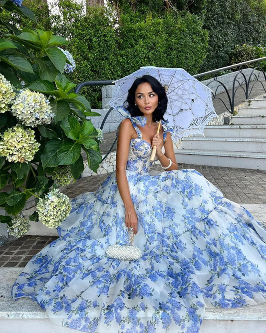 Sophia Blossom - Elegant Floral Tie-Strap Maxi Dress In Blue
