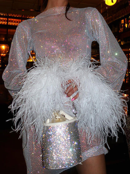 Sparkly mini dress with feather details - elegant evening dress for ladies