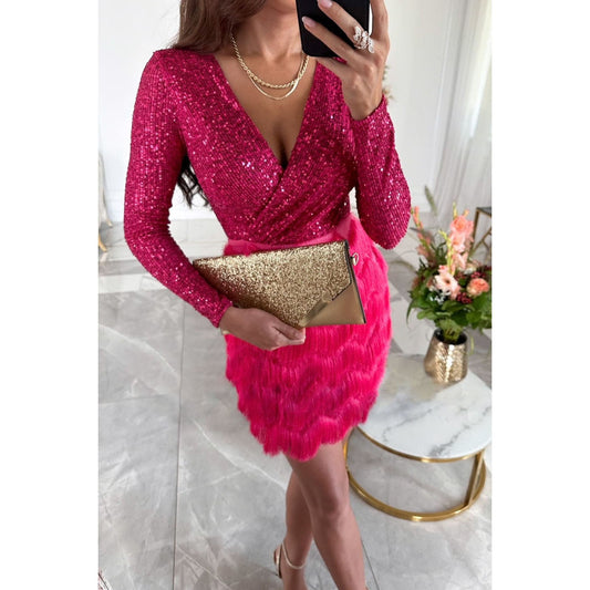 Sparkly Wrap Dress - Elegant Glitter Mini Dress For Ladies