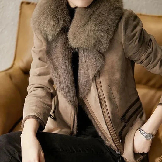 Suede jacket with fur collar - elegant ladies winter outerwear