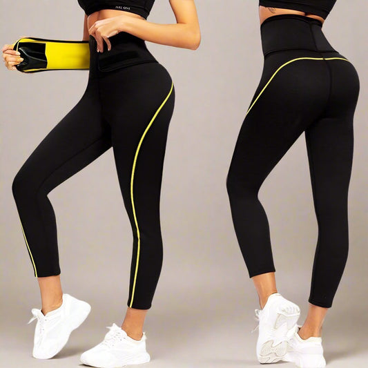 Thermo Leggings - High-Waisted Black Ladies Fitness Trousers With Yellow Trim