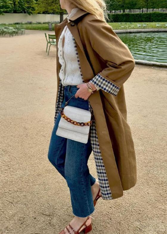 Trench coat - elegant khaki ladies coat with plaid lining