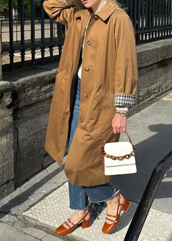 Trench coat - elegant khaki ladies coat with plaid lining