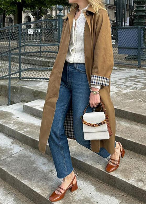 Trench coat - elegant khaki ladies coat with plaid lining