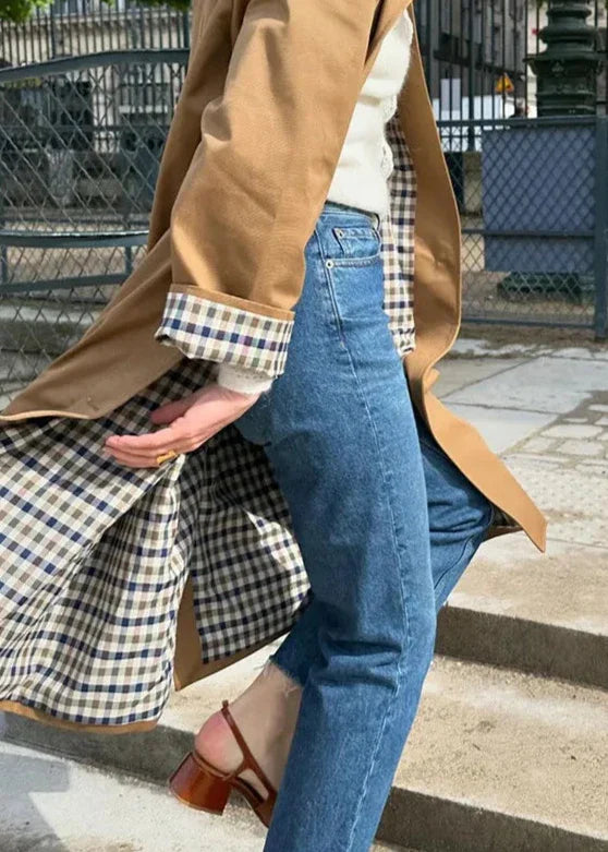Trench coat - elegant khaki ladies coat with plaid lining