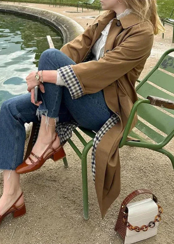 Trench coat - elegant khaki ladies coat with plaid lining