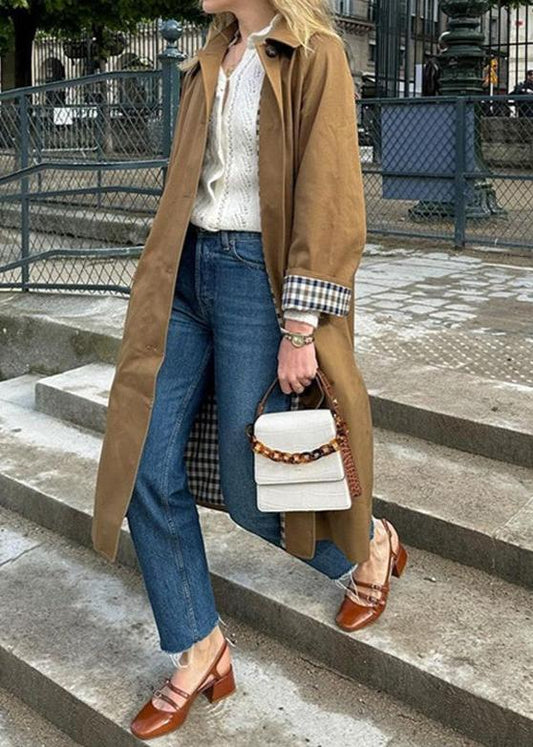 Trench coat - elegant khaki ladies coat with plaid lining