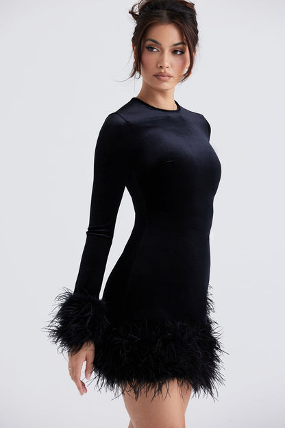 Velvet Dress - Elegant Ladies Mini Dress With Feather Trim