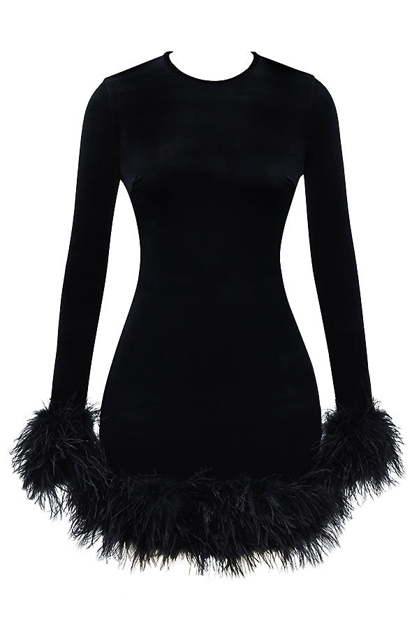 Velvet Dress - Elegant Ladies Mini Dress With Feather Trim