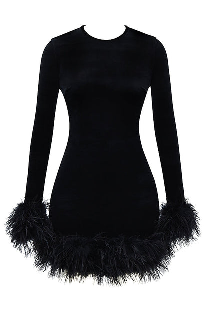 Velvet Dress - Elegant Ladies Mini Dress With Feather Trim