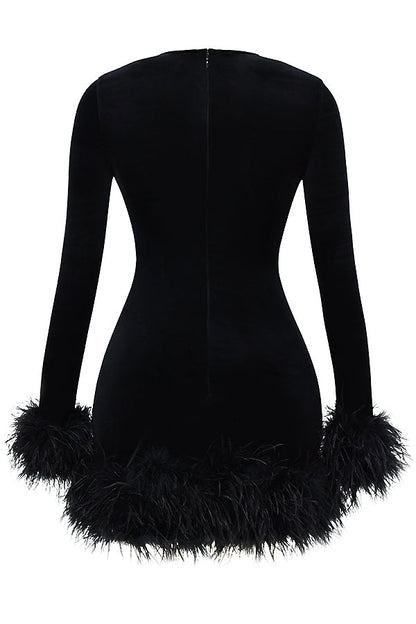 Velvet Dress - Elegant Ladies Mini Dress With Feather Trim