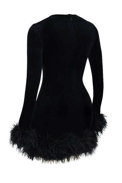 Velvet Dress - Elegant Ladies Mini Dress With Feather Trim