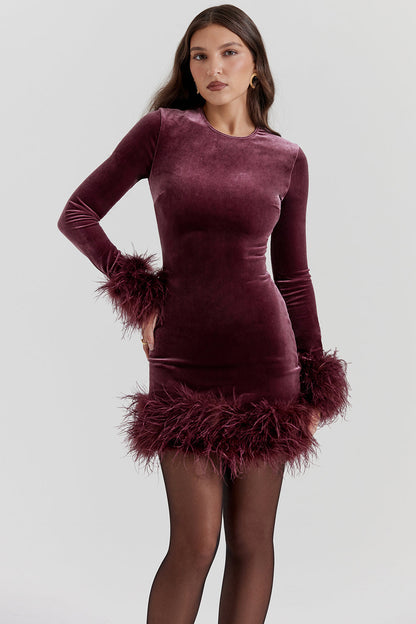 Velvet Dress - Elegant Ladies Mini Dress With Feather Trim